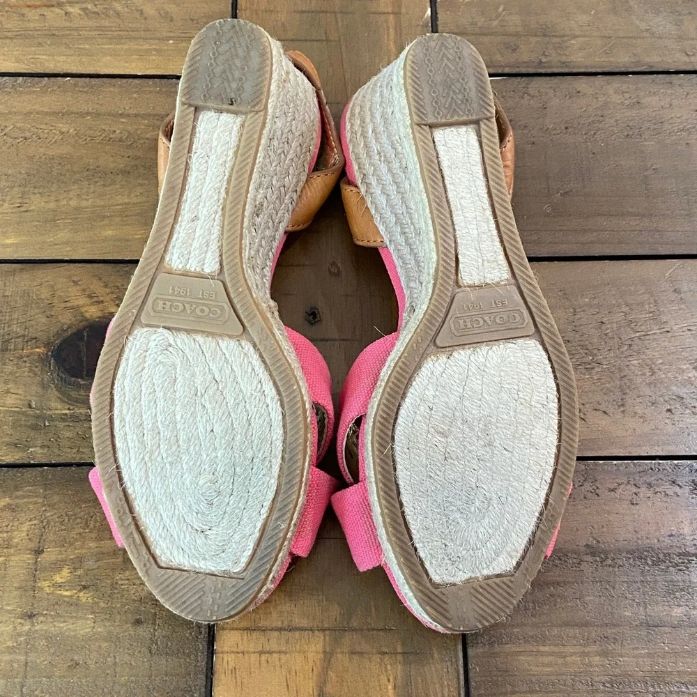 Coach Henley Pink Canvas Espadrille Wedge Sandals Gold Tan Leather Q1897 6B